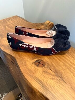 kate spade Navy & Burgundy Floral Faux Fur Trim Ballet Flats